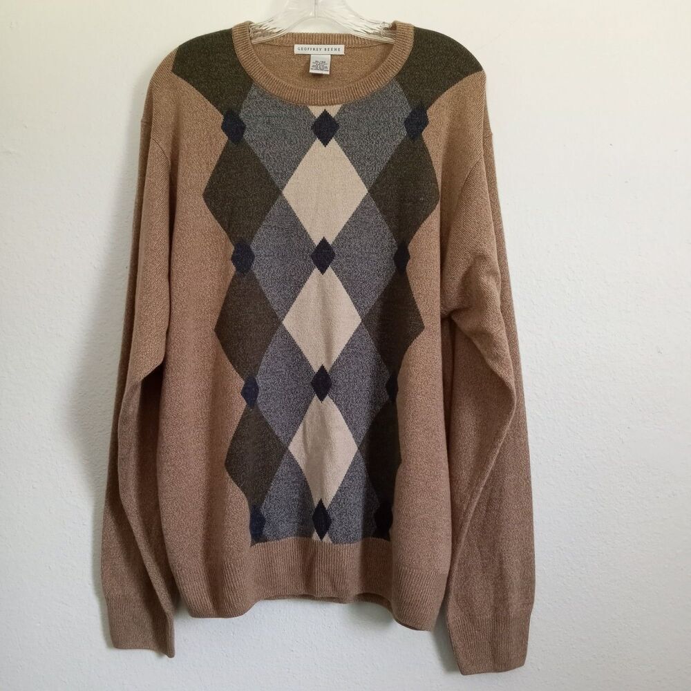 VTG Argyle Sweater 80s Geoffrey Beene Pullover XL Long Sleeve Tan Gray Green